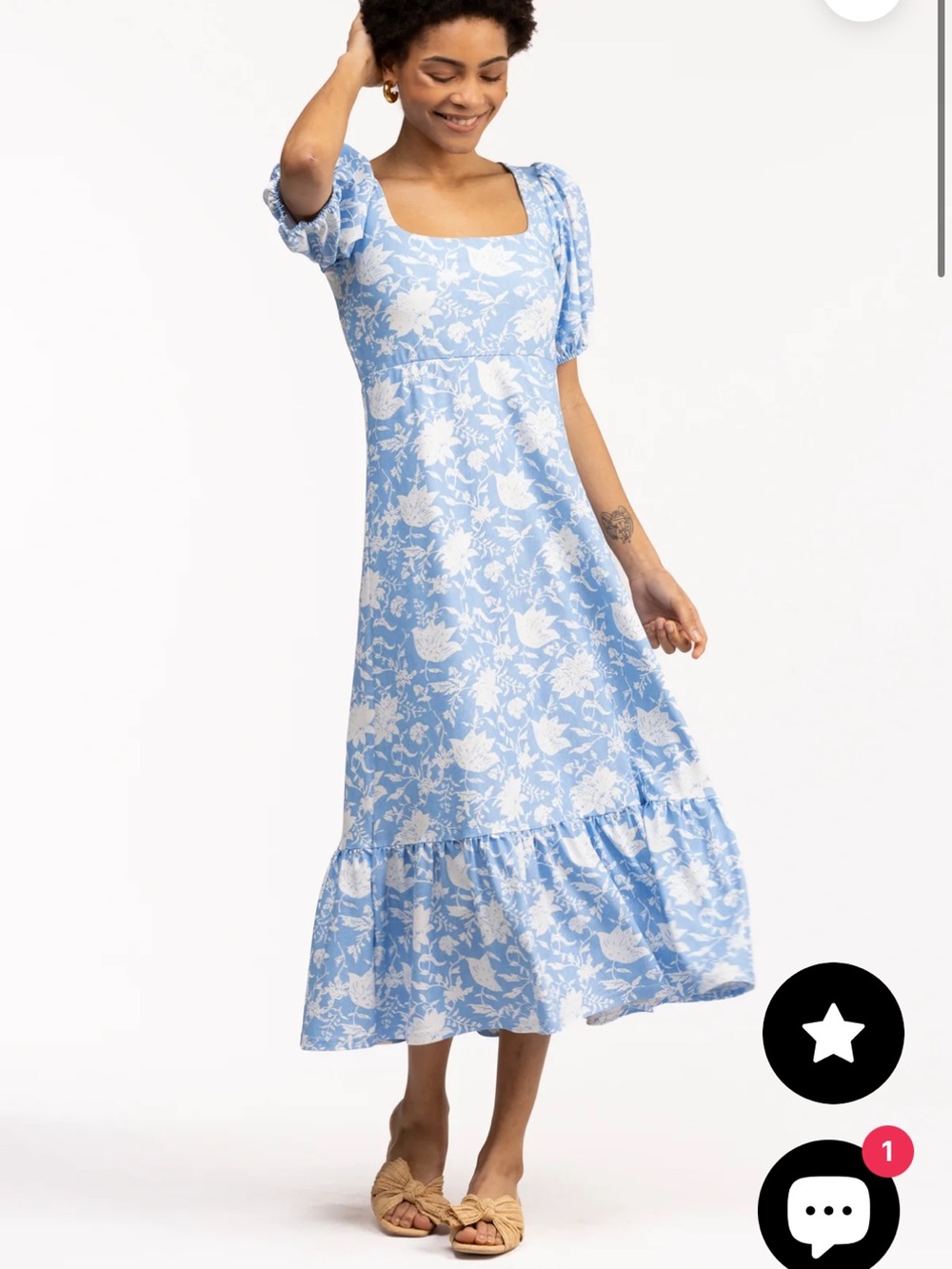Blue Floral Midi Dress with Puff Sleeves